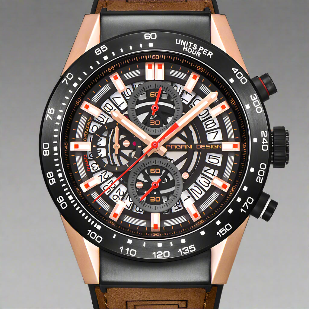 Stylish Pagani Design Explorer Watch features quartz movement, 30M waterproof, and a striking dial design.