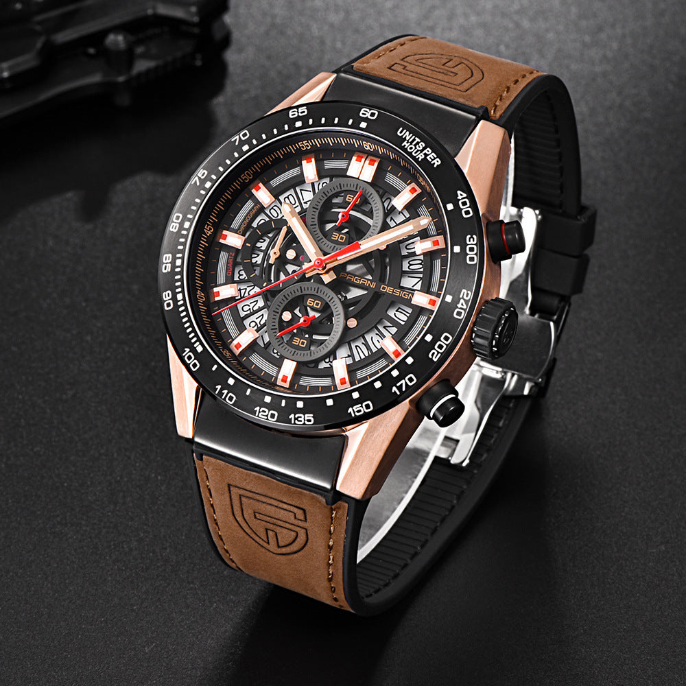 Stylish Pagani Design Explorer Watch features a quartz movement, 30M waterproof rating, and a striking design.