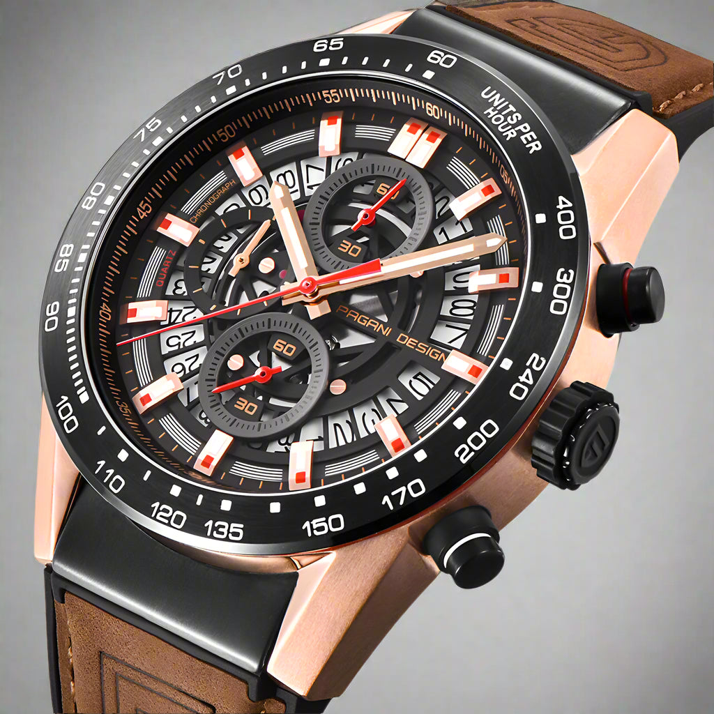 Stylish Pagani Design Explorer Watch features a quartz movement, 30M waterproof, and striking pointer display.