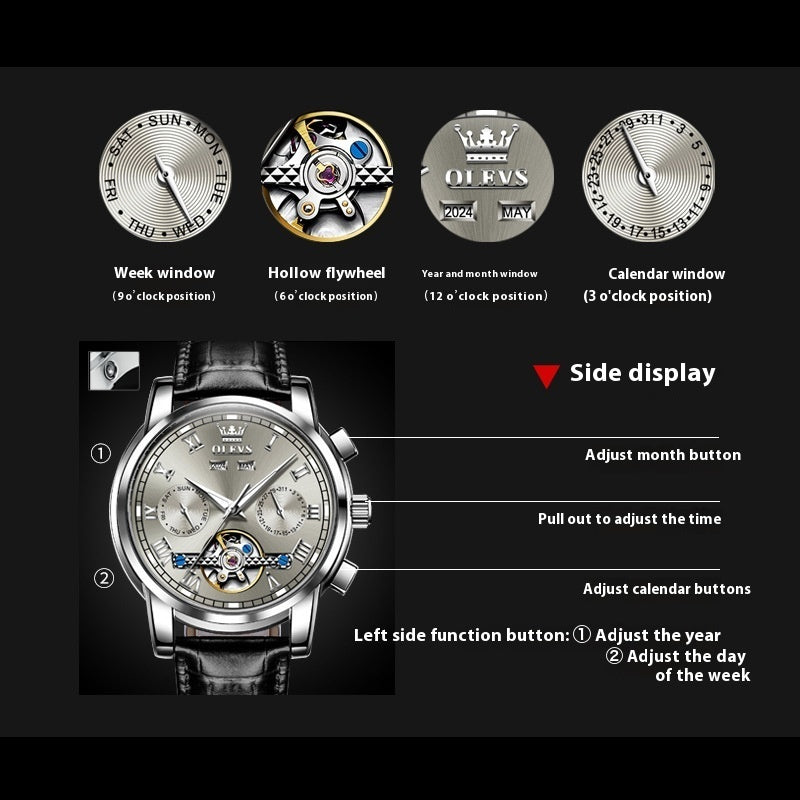 Olevs Waterproof Luminous Multifunctional Automatic Mechanical Watch features a stylish dial with multifunctional displays.