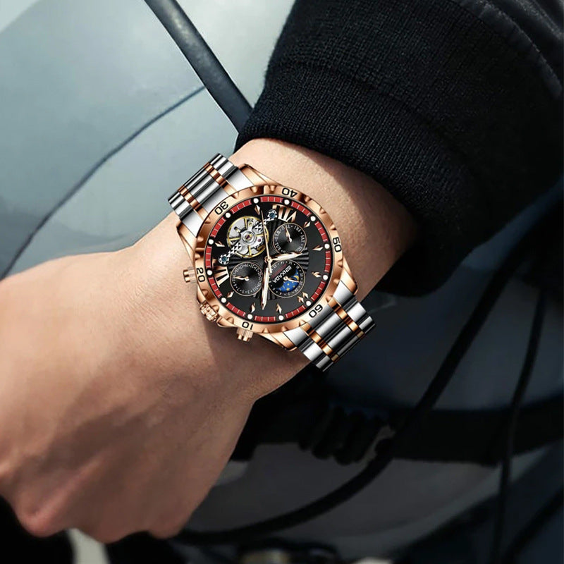 Binkada Automatic Mechanical Luminous Watch displayed on a wrist, featuring a stylish black and rose gold design.