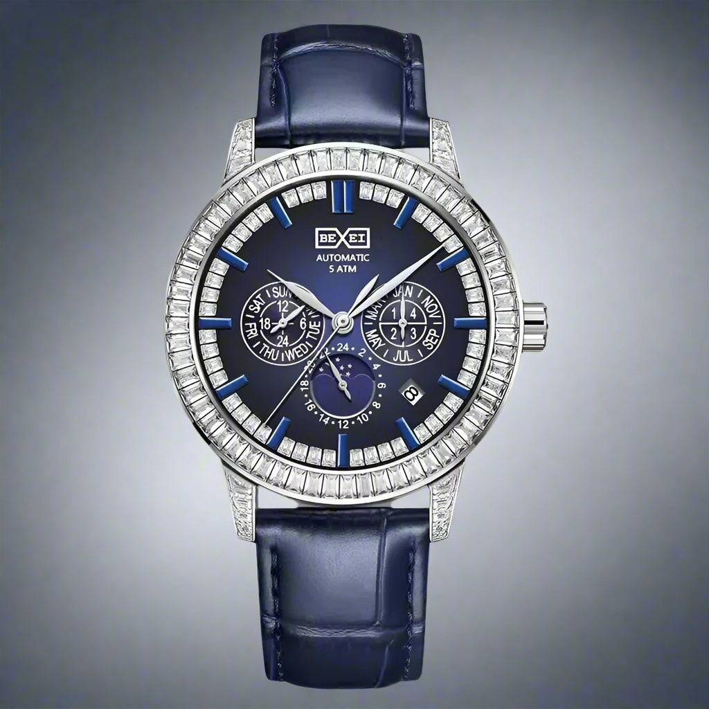 Mechanical Cool Advanced Men's Watch with blue dial, blue leather strap, crystal bezel, 10mm thick, gift packaging.