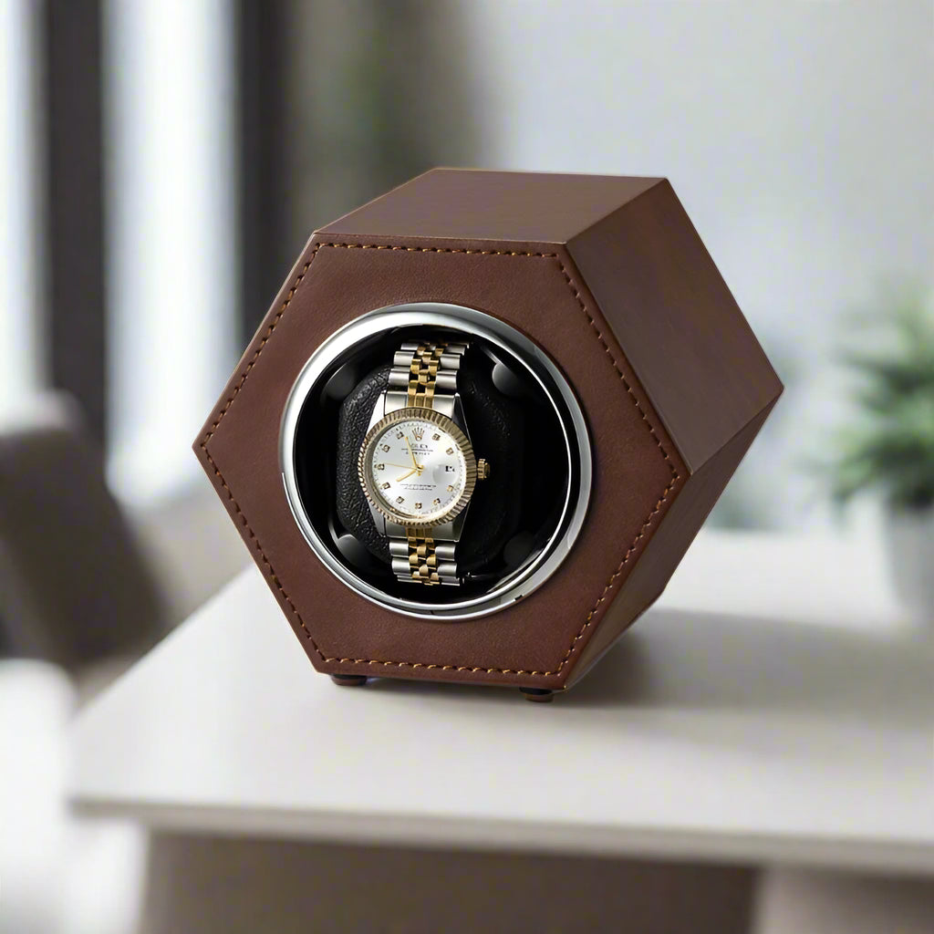 Mini Single Watch Shaking Turn Box in Crazy Horse Brown, perfect for displaying and maintaining your watch.