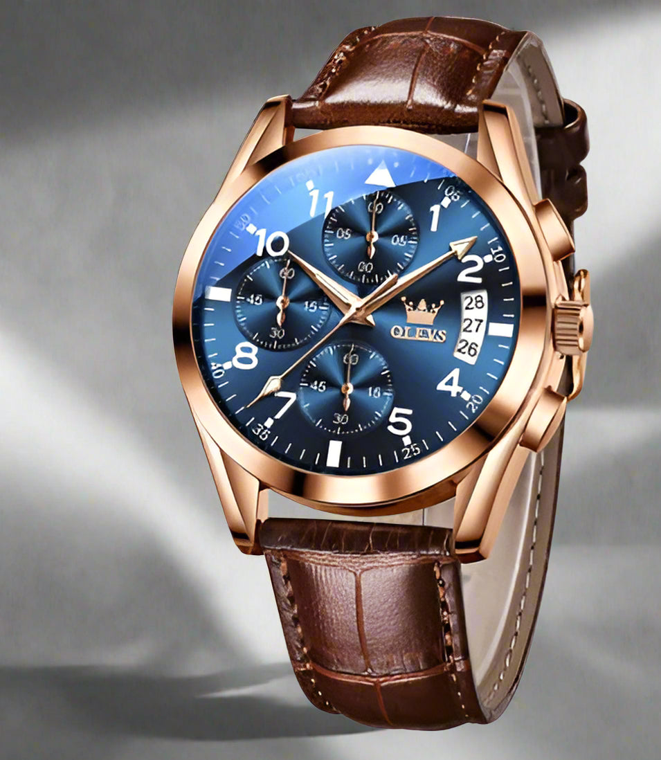 OLEVS Luxury Quartz Watch features a stylish round dial, leather strap, and luminous calendar function.