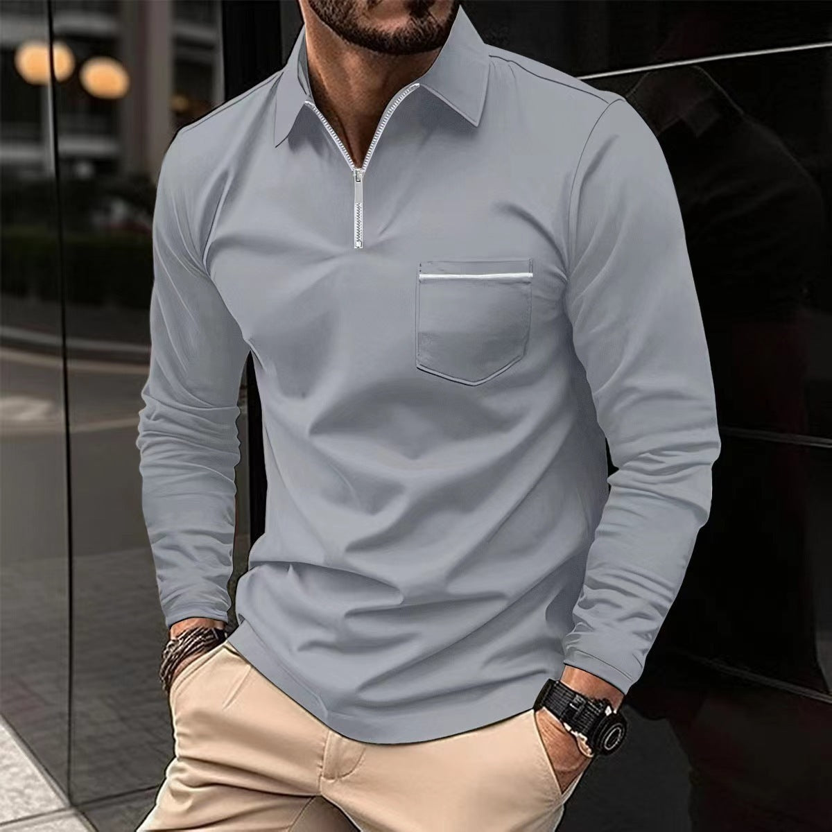 Long Sleeved Sports Polo Shirt in gray, made of polyester, available in multiple colors and sizes at your favorite store.