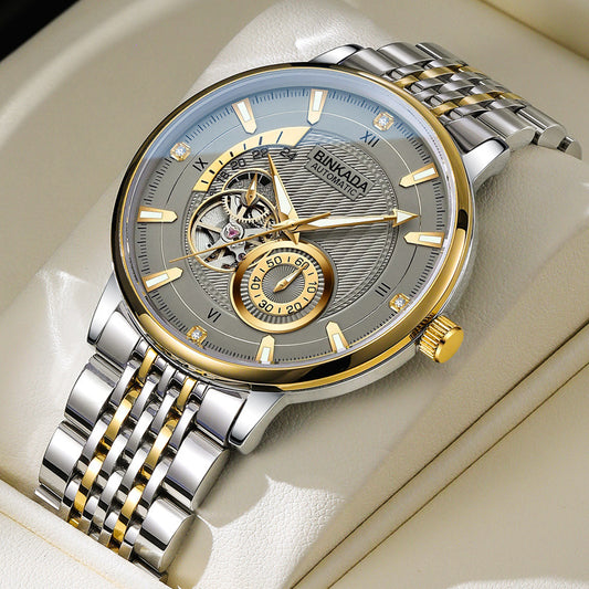 Binkada Multi-function Automatic Mechanical Watch features a stylish gold and silver design, perfect for business wear.