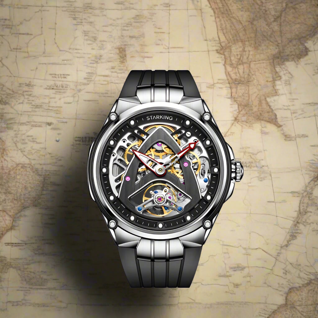 Automatic mechanical skeleton watch with stainless steel case and bracelet 42mm dial 50m water resistance 12mm thick