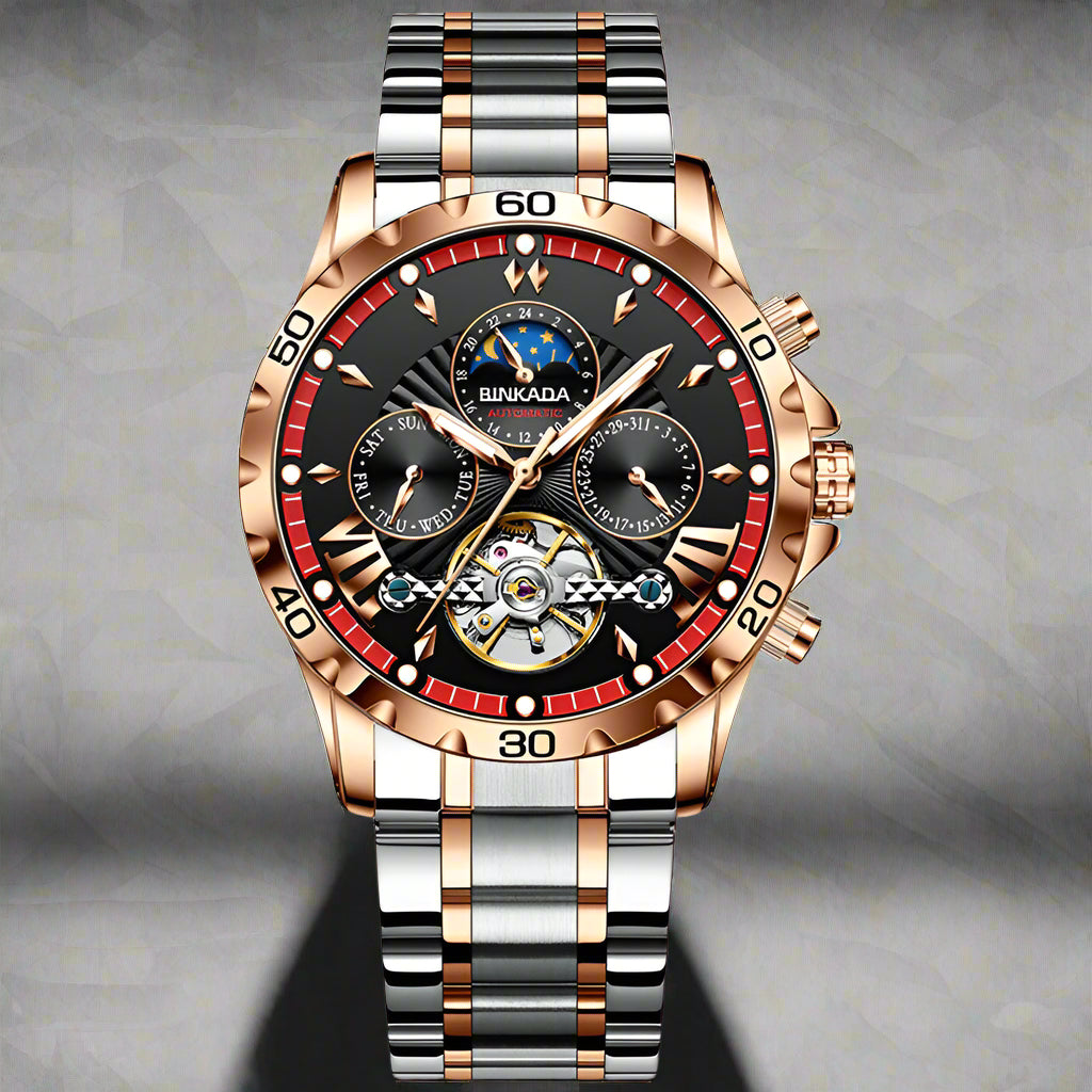 Stylish Binkada Automatic Mechanical Luminous Watch features a black and rose gold design with a 13mm thickness.