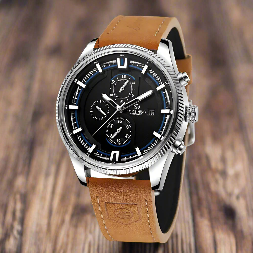 Stylish Forsining Automatic Mechanical Watch features a black dial and brown leather strap, ideal for sporty men.