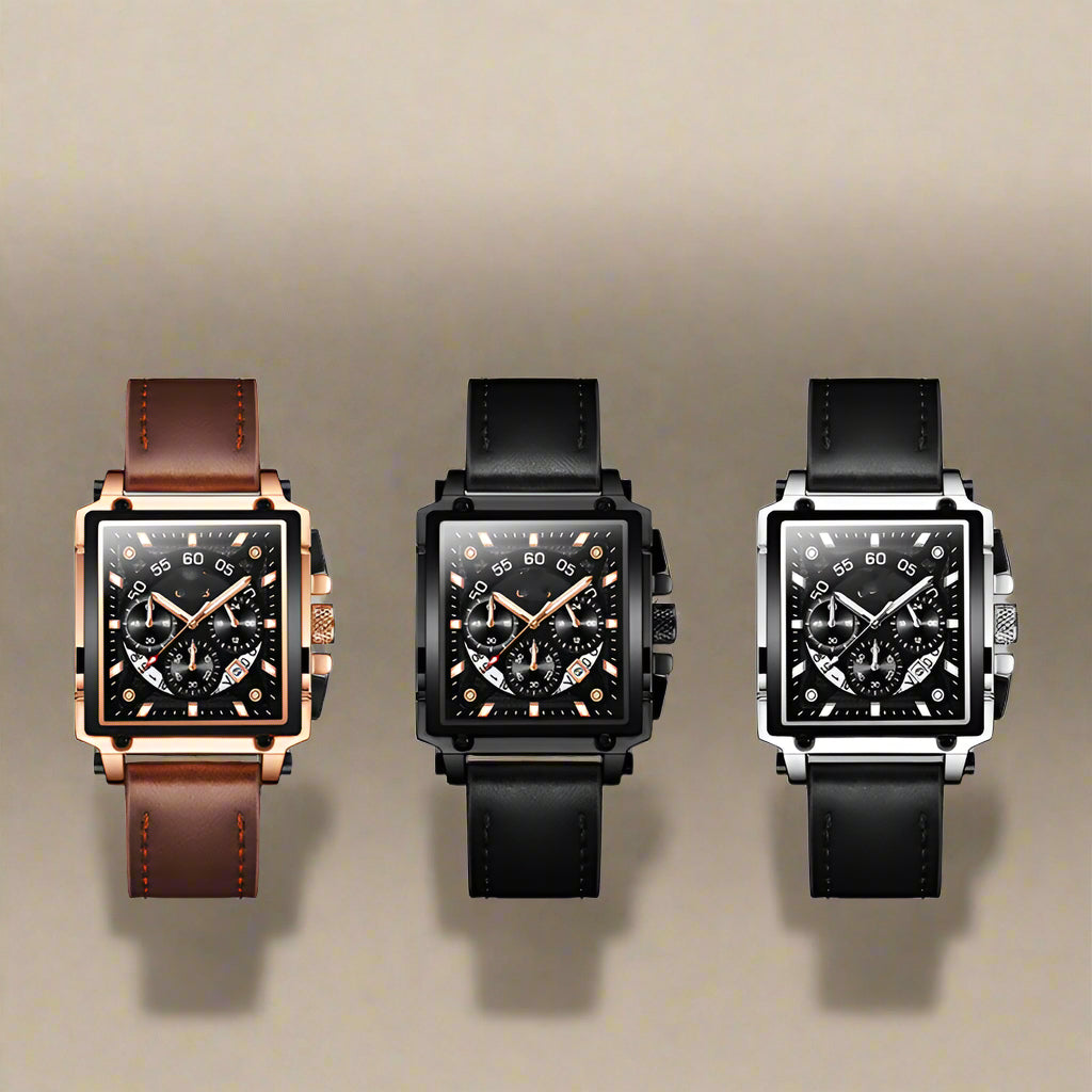 Three multifunction quartz men's square watches: rose gold case with brown leather, black case with black leather, and silver case with black leather.