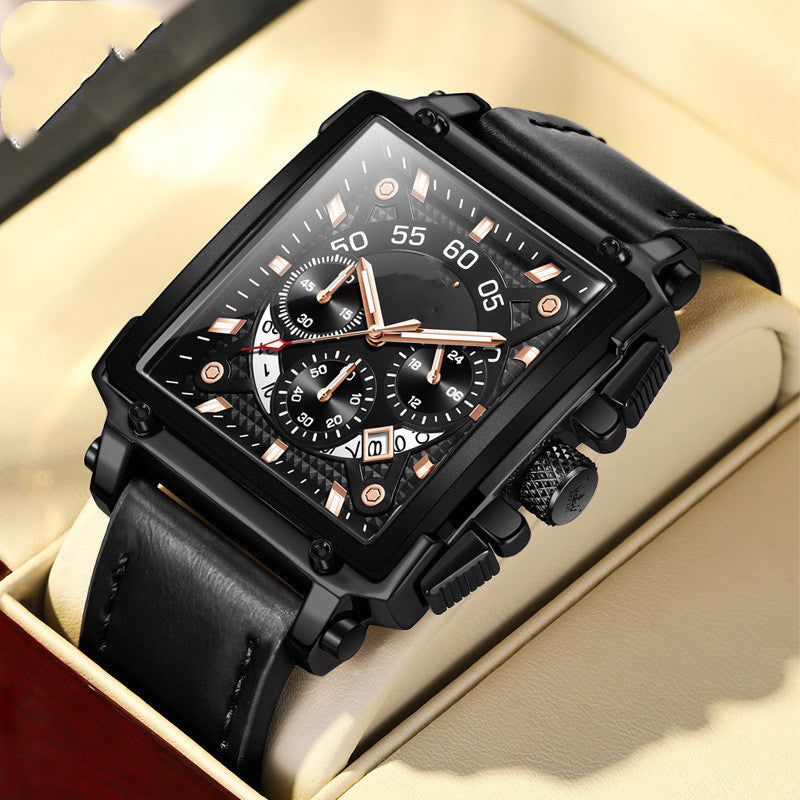 Multifunction quartz men's square watch with black case, black leather strap and chronograph subdials.
