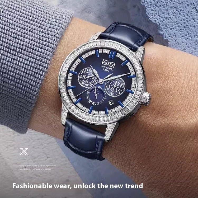Blue Mechanical Cool Advanced Men's Watch with diamond bezel and blue leather strap.