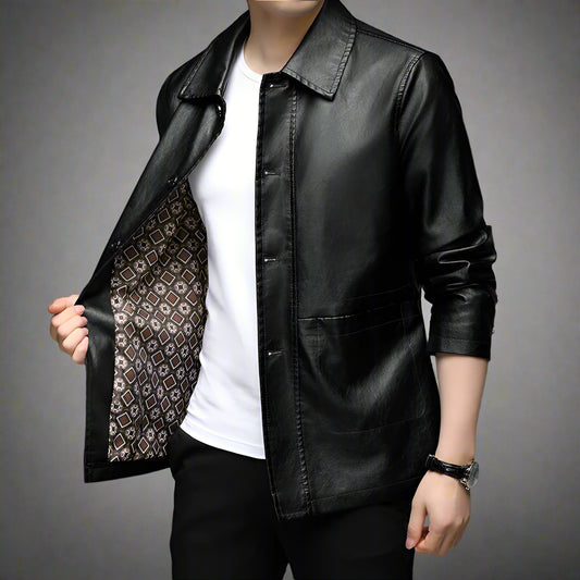 Stylish Autumn Leather Jacket in black with a unique patterned lining; available in multiple sizes at your favorite store.