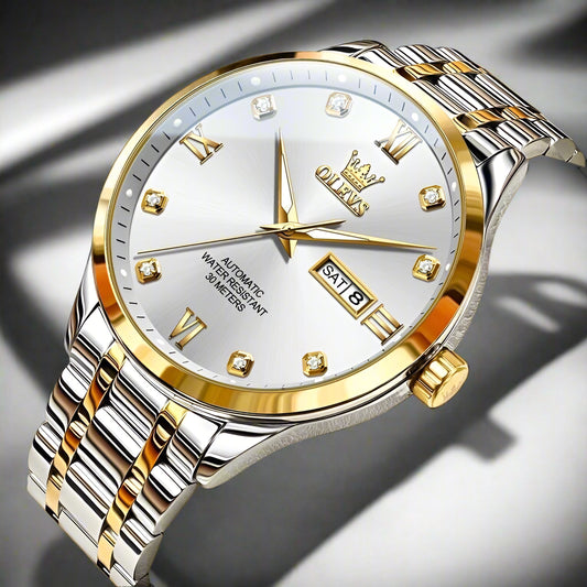 OLEVS Automatic Mechanical Watch features a stylish white dial with gold accents and a durable steel band, ideal for men.