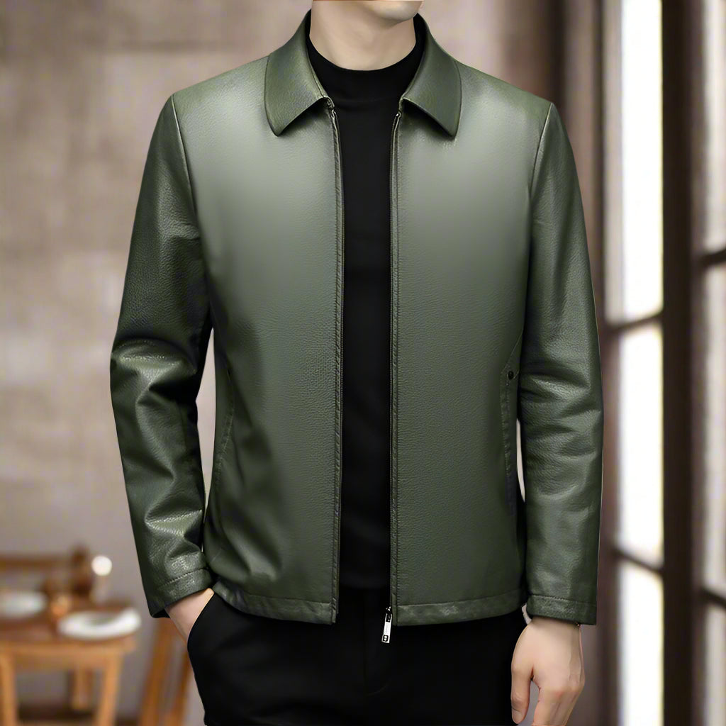 Stylish Ecological Leather Coat in green, featuring a diamond pattern, available in multiple sizes at [Store Name].