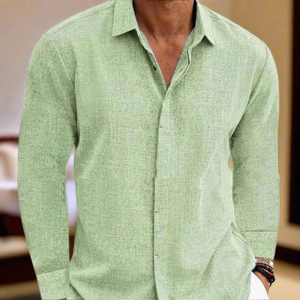 Stylish Long Sleeve Cotton / Linen Shirt Men in green, perfect for youth. Ideal loose-fitting cardigan for any occasion.