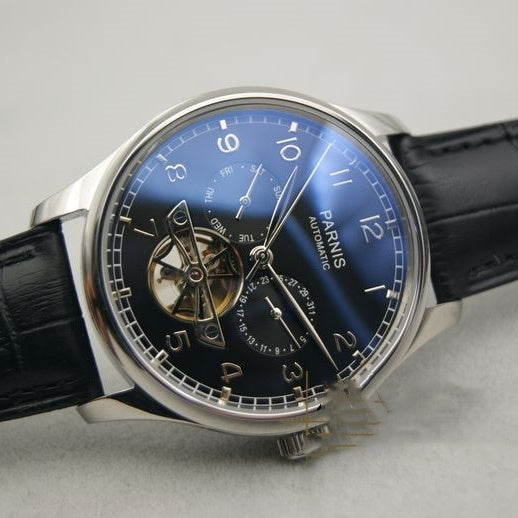 Parnis Automatic Watch with blue gradient dial, open-heart window, day/date subdial, black leather strap.