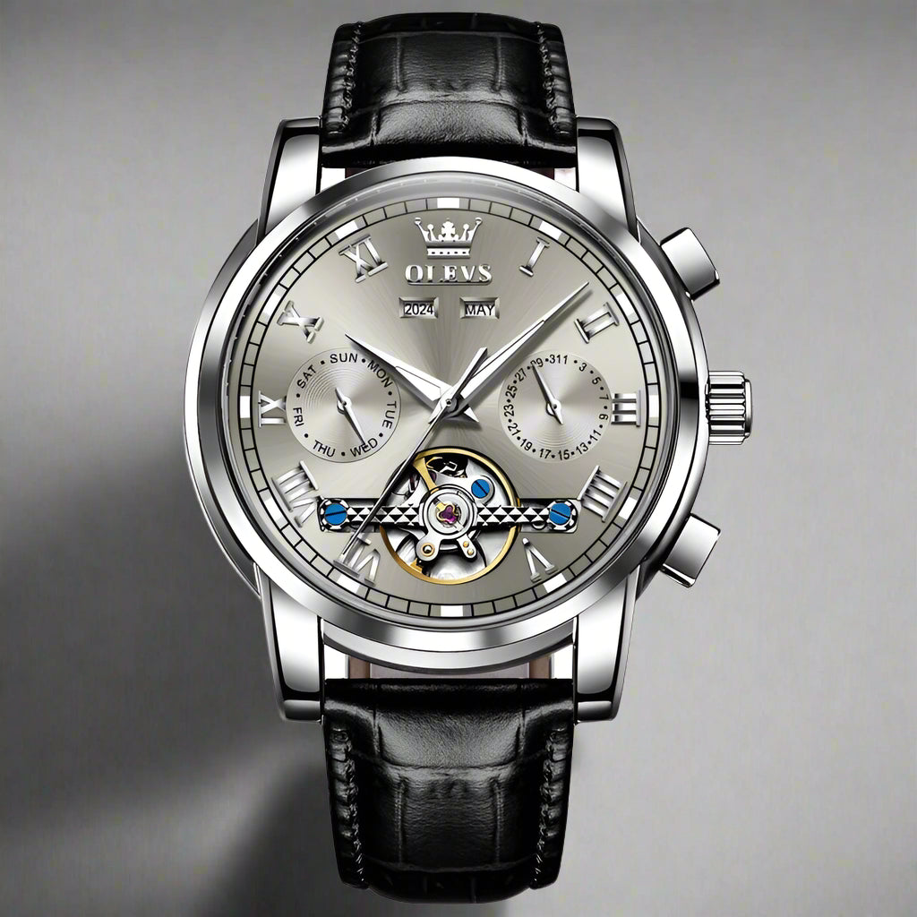 Olevs Waterproof Luminous Multifunctional Automatic Mechanical Watch with stylish silver dial and black leather band.