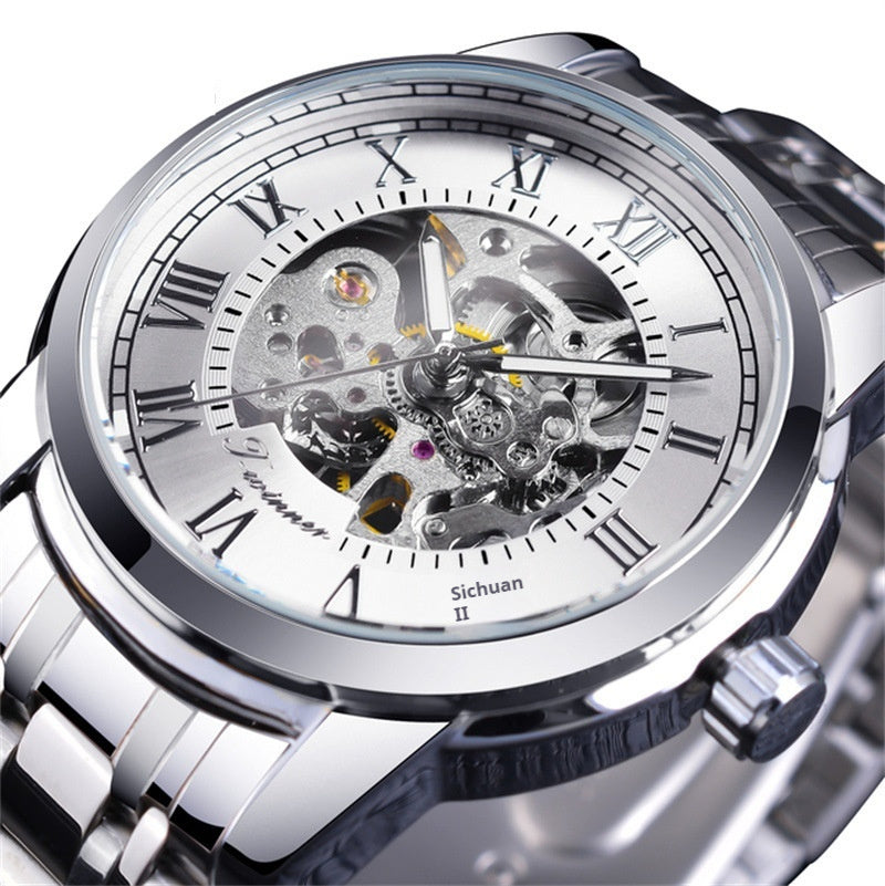 Forsining Manual Mechanical Manipulator Watch features a sleek design with an intricate skeleton dial and polished finish.