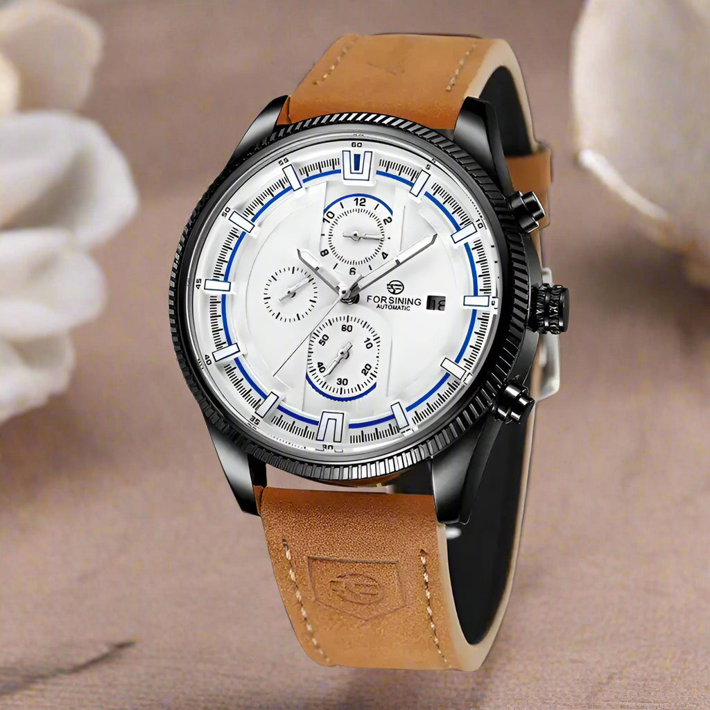 Forsining Automatic Mechanical Watch features a sporty design with a sleek white dial and stylish leather strap.