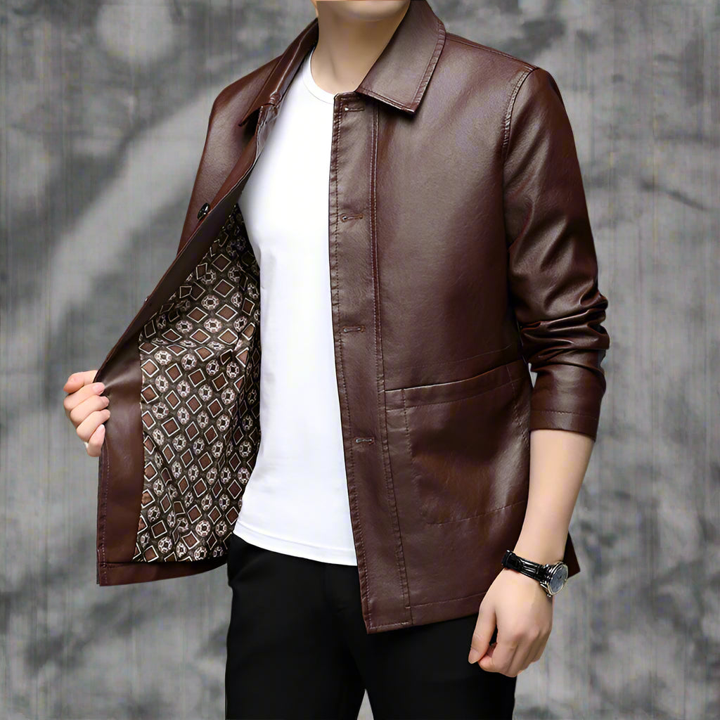 Stylish Autumn Leather Jacket in brown, perfect for layering this season. Available in multiple sizes at [Store Name].