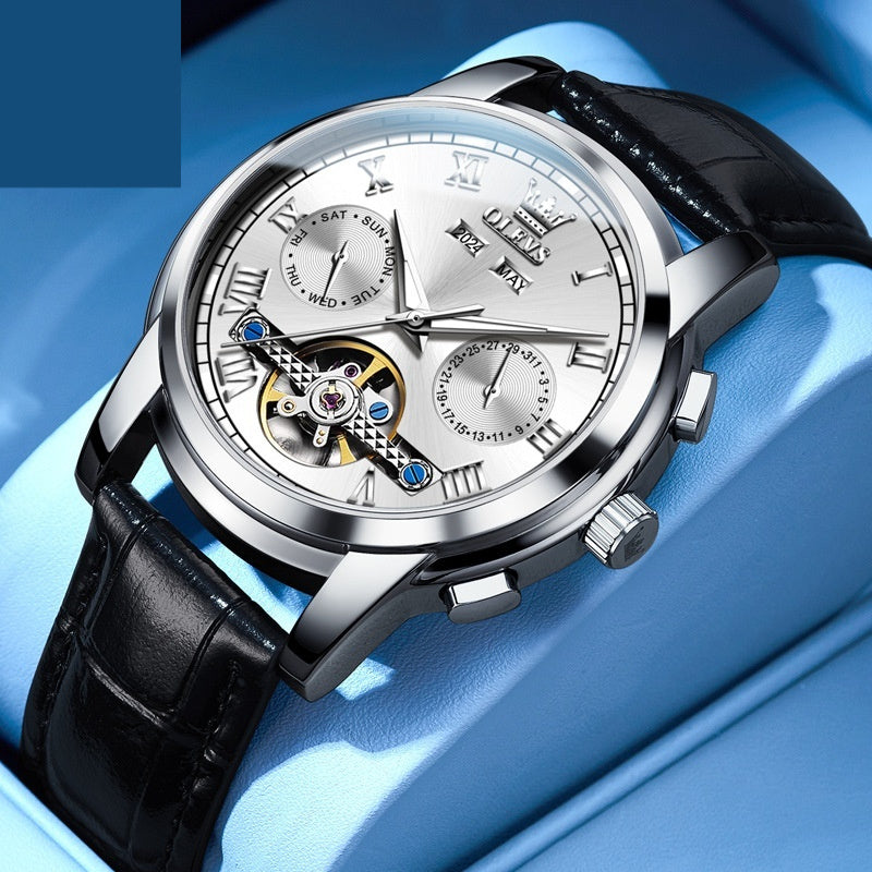 Stylish Olevs Waterproof Luminous Multifunctional Automatic Mechanical Watch with a sleek design and black leather strap.