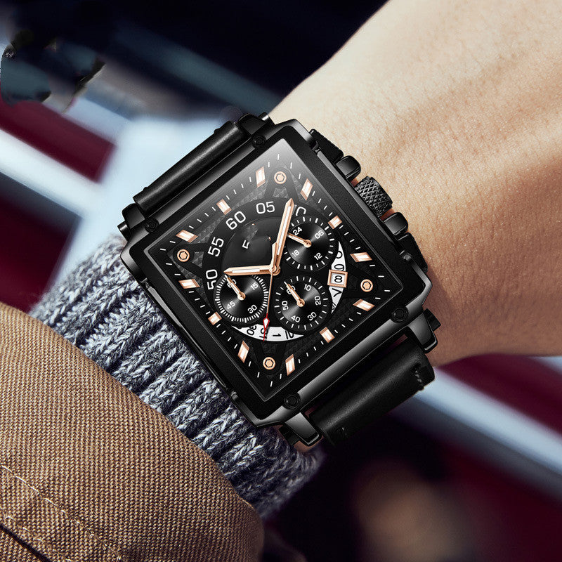 Multifunction quartz men's square watch with black case, black leather strap, rose-gold accents and chronograph dials.