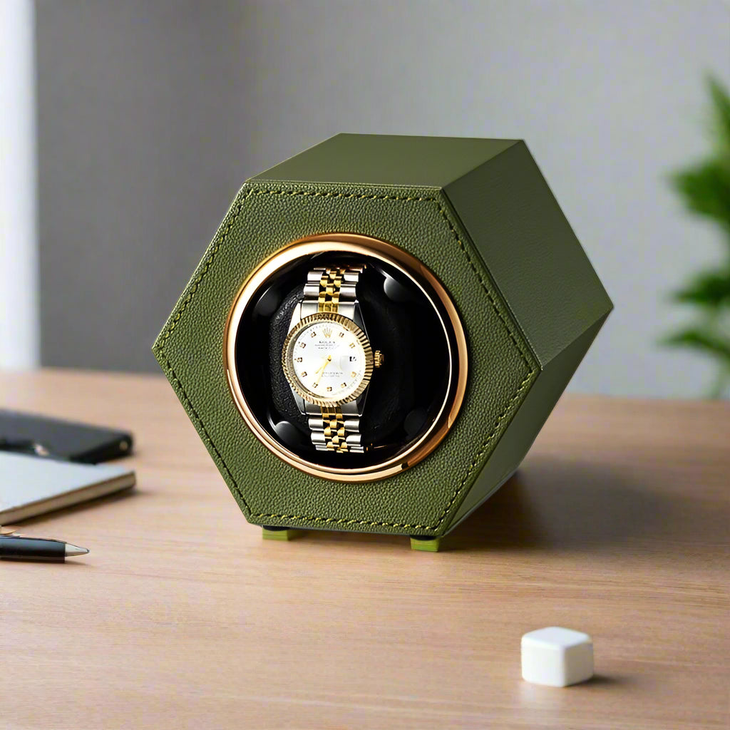 Stylish Mini Single Watch Shaking Turn Box in olive green, perfect for displaying and maintaining your timepiece.