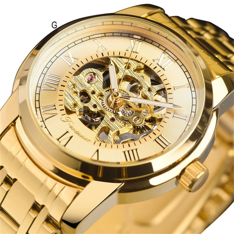Forsining Manual Mechanical Manipulator Watch features a stunning gold strap and intricate mechanical design.