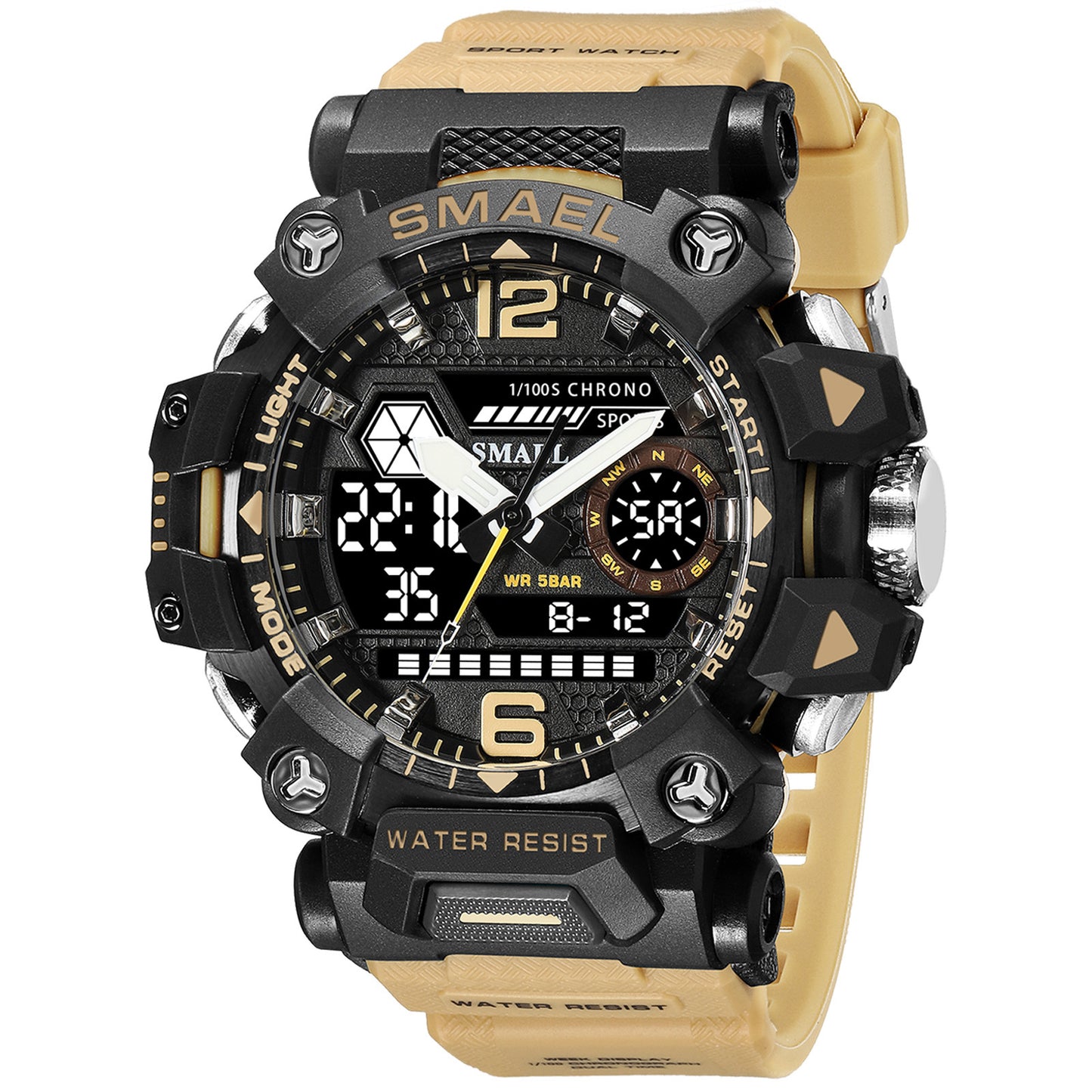 SMAEL Tactical Quartz Watch in stylish black and beige, perfect for sports and waterproof activities.