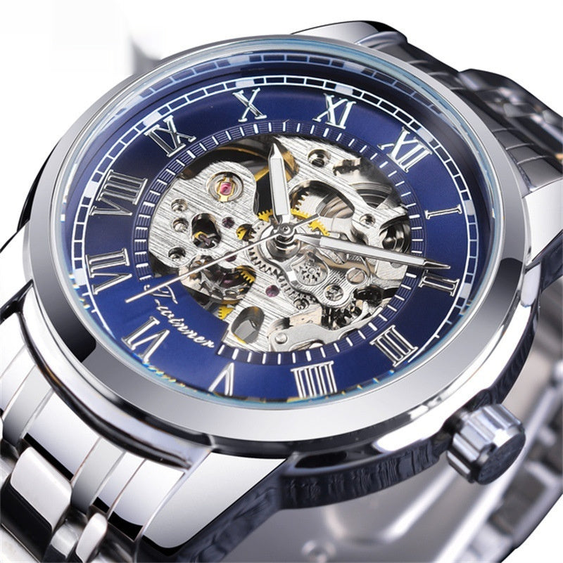 Forsining Manual Mechanical Manipulator Watch features a striking blue dial with intricate mechanics and a stylish design.