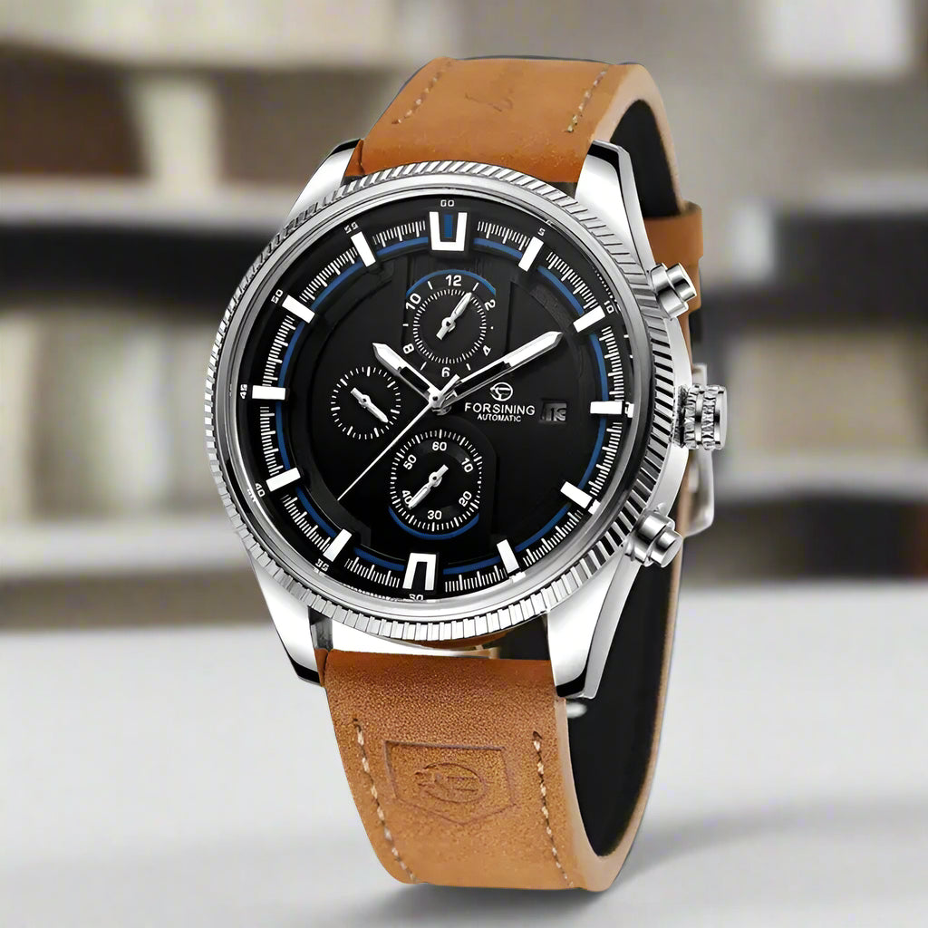 Stylish Forsining Automatic Mechanical Watch with a black dial and brown leather strap, perfect for sporty men.