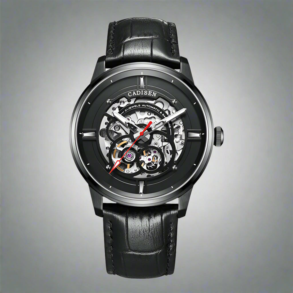 Lukong Fashion Casual Men's Mechanical Skeleton Watch with black leather strap