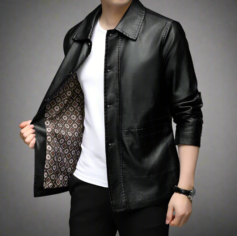 Stylish Autumn Leather Jacket in black with a unique interior design, perfect for a trendy fall look.