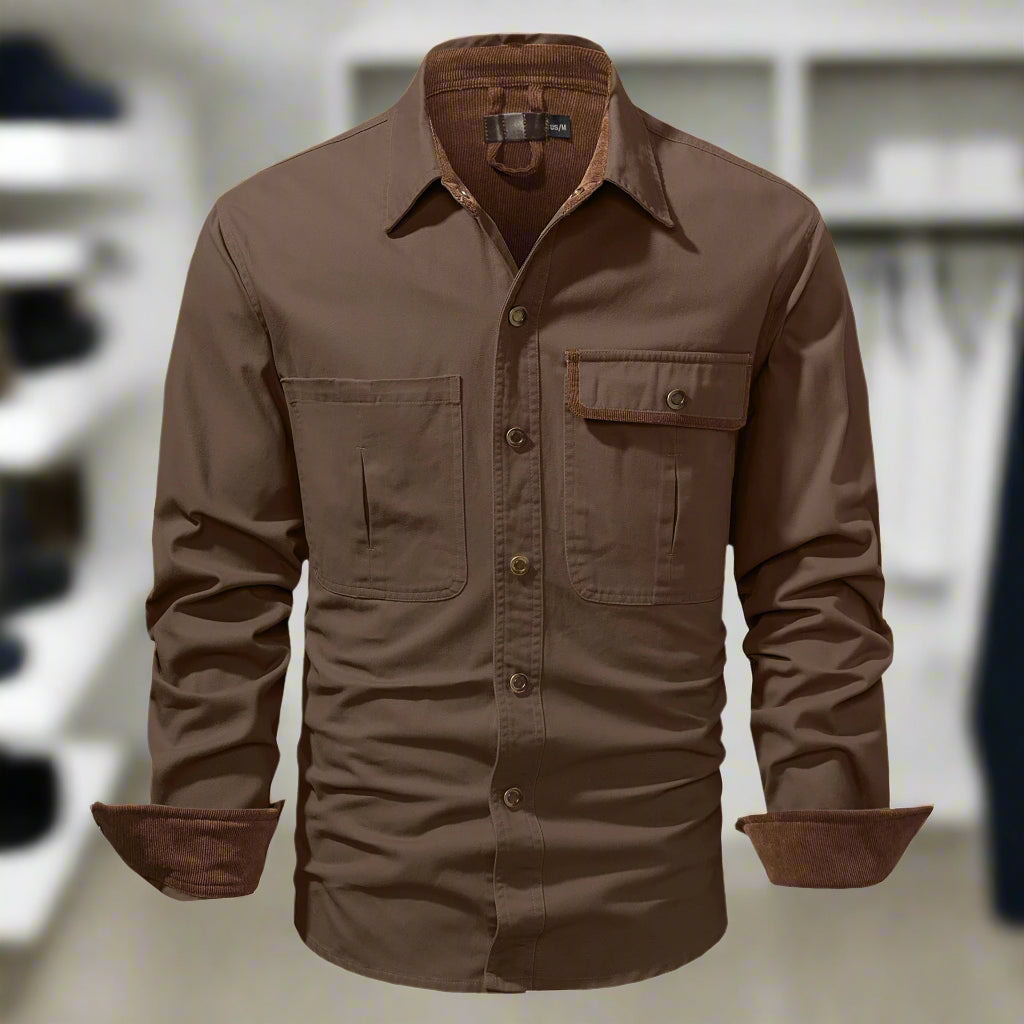 Washed Cotton Polo Collar Long Sleeve Shirt