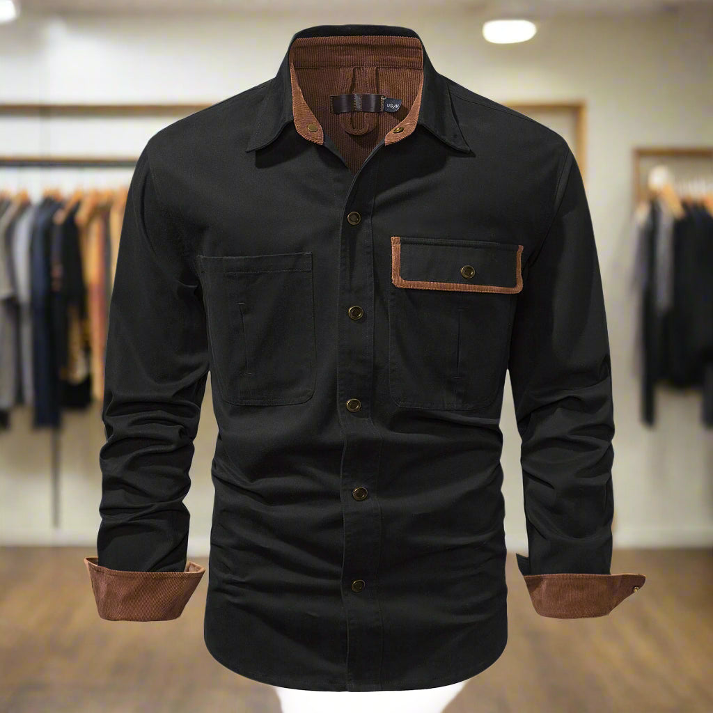 Washed Cotton Polo Collar Long Sleeve Shirt