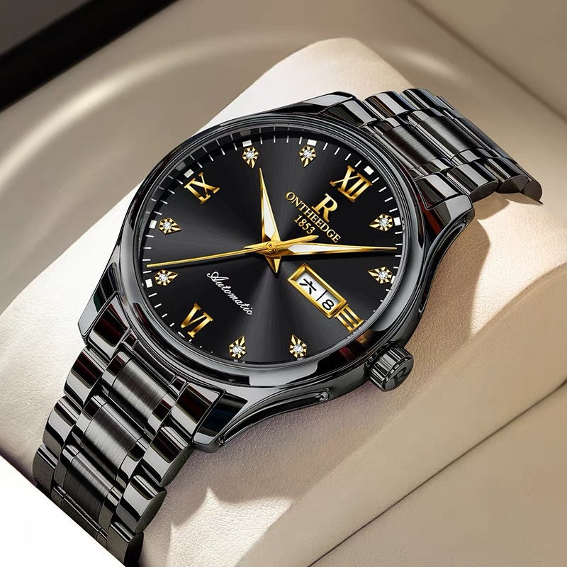 On The Edge - High-grade Waterproof Mechanical Watch features a stylish black dial and elegant steel bracelet.