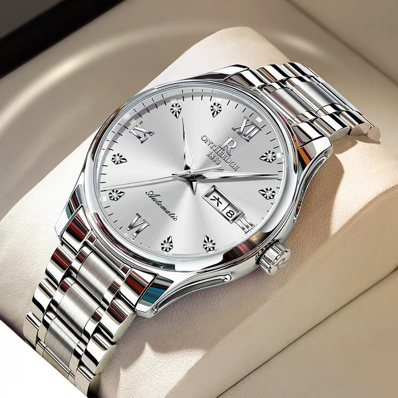 On The Edge - High-grade Waterproof Mechanical Watch showcased with a silver shell and stainless steel bracelet.