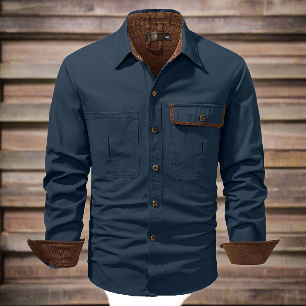 Washed Cotton Polo Collar Long Sleeve Shirt