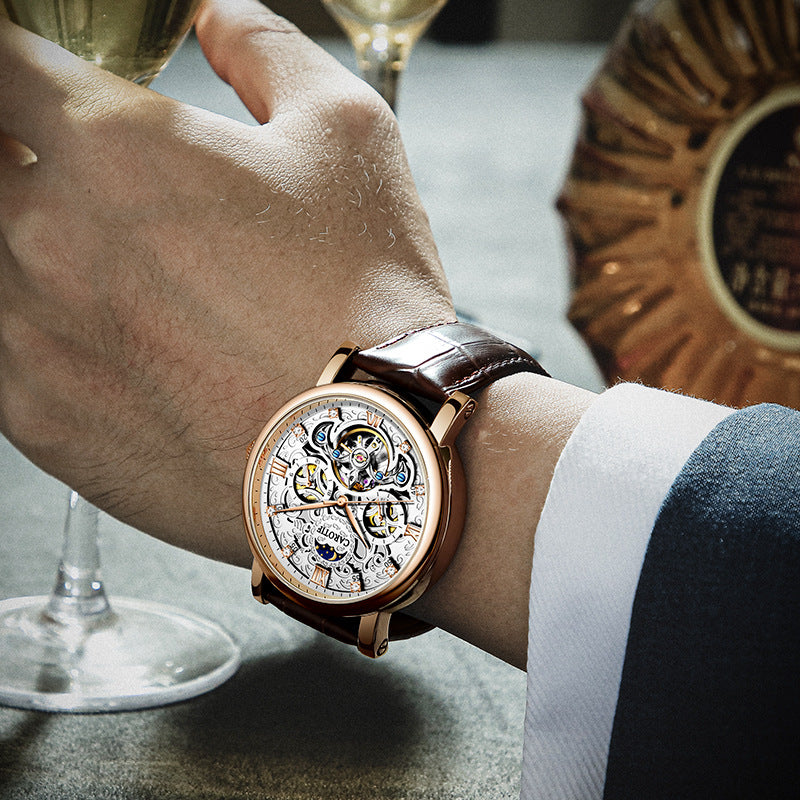 Stylishly adorned wrist featuring the Carotif Automatic Mechanical Leather Watch with a brown leather strap.