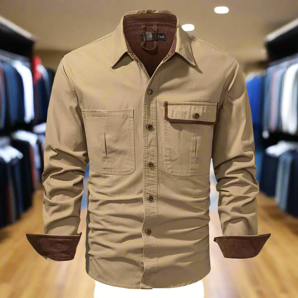 Washed Cotton Polo Collar Long Sleeve Shirt