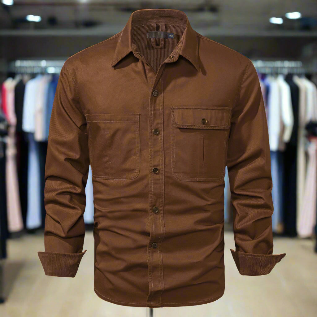 Washed Cotton Polo Collar Long Sleeve Shirt