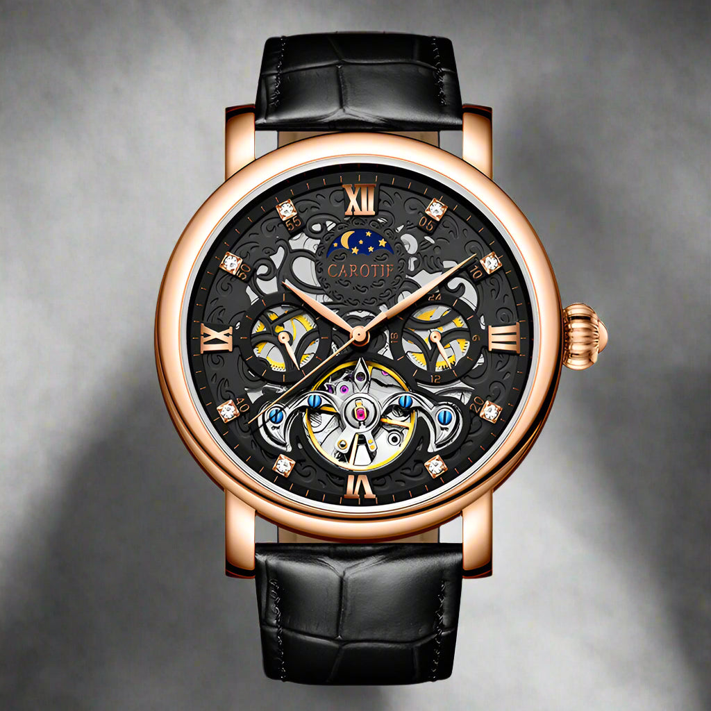 Stylish Carotif Automatic Mechanical Leather Watch featuring a black leather strap and elegant gold accents.