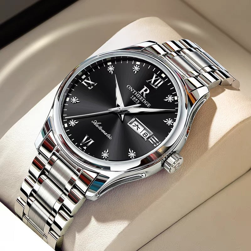 On The Edge - High-grade Waterproof Mechanical Watch with silver shell and stunning black dial design.