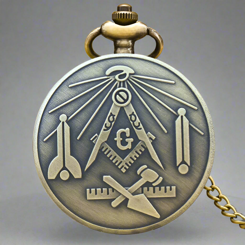 Freemason Bronze Pocket Bracelet Watch features intricate Masonic symbols, perfect for casual wear.