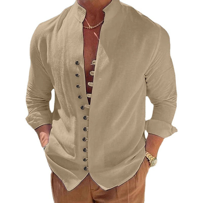 Stylish Cotton And Linen Casual Long Sleeve Shirt in beige, perfect for street style and casual outings.