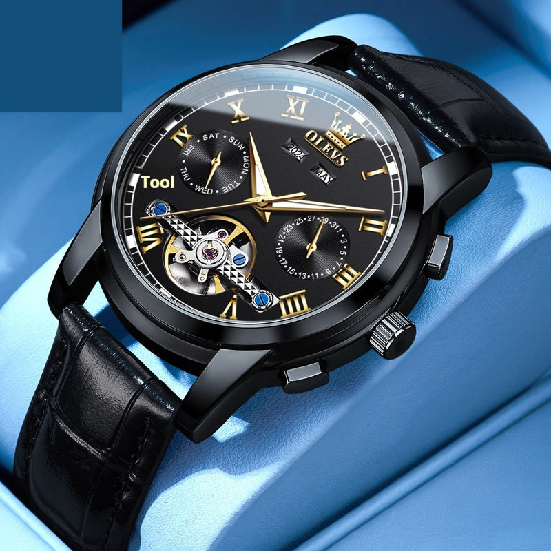 Olevs Waterproof Luminous Multifunctional Automatic Mechanical Watch features a stylish black leather band and intricate dial.