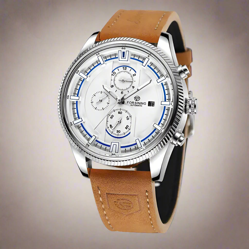 Stylish Forsining Automatic Mechanical Watch featuring a sleek design and sporty leather strap, perfect for men.