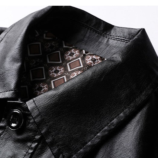 Stylish Autumn Leather Jacket in black, featuring a unique patterned lining, available at [Store Name].