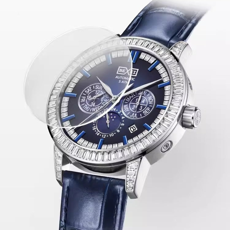 Mechanical Cool Advanced Men's Watch with blue dial, 10mm case, blue leather strap, diamond bezel, gift box packaging